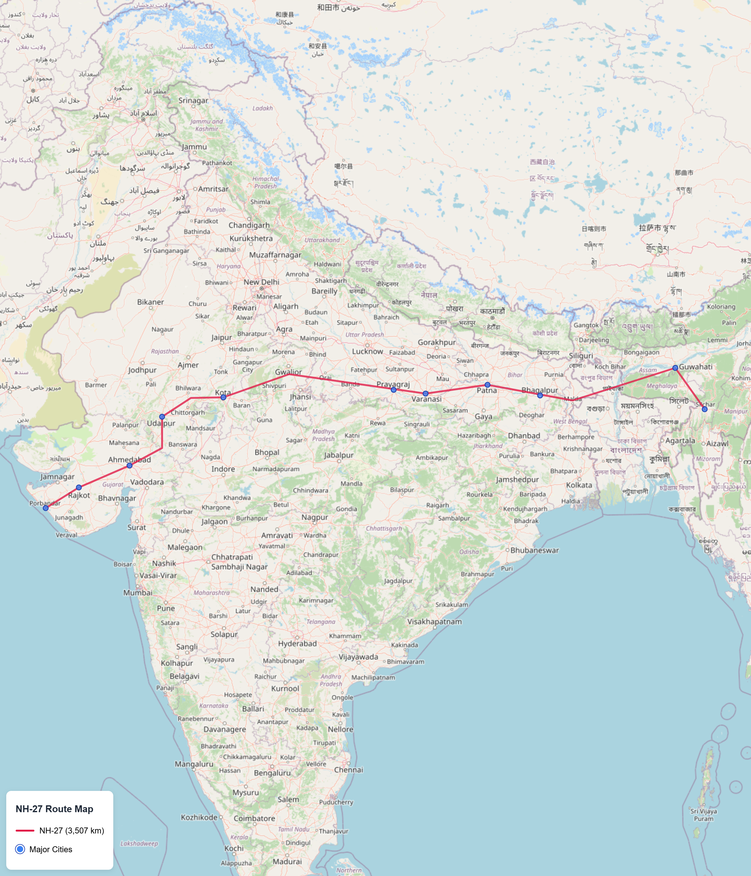 NH-27 Route Map showing the complete 3,507 km highway corridor from Porbandar to Silchar across India