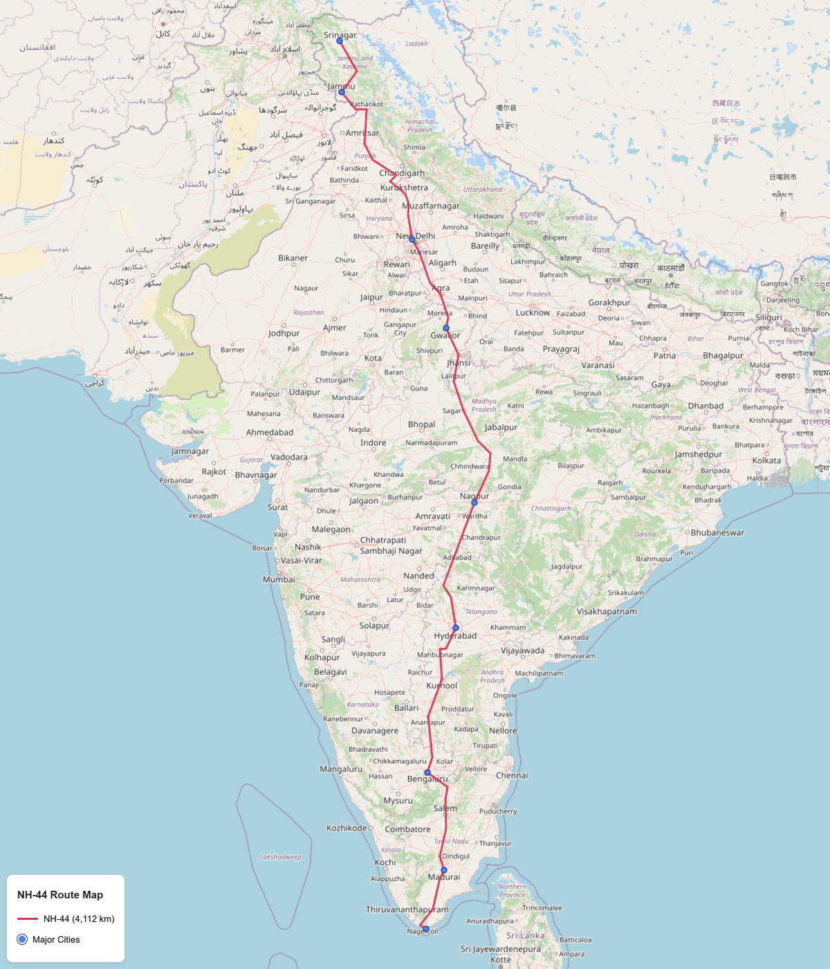 NH-44 Route Map showing the complete 4,112 km highway corridor from Srinagar to Kanyakumari across India